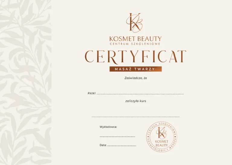 Certyfikat ukończenia kursu masażu twarzy - Kosmet Beauty Koszalin